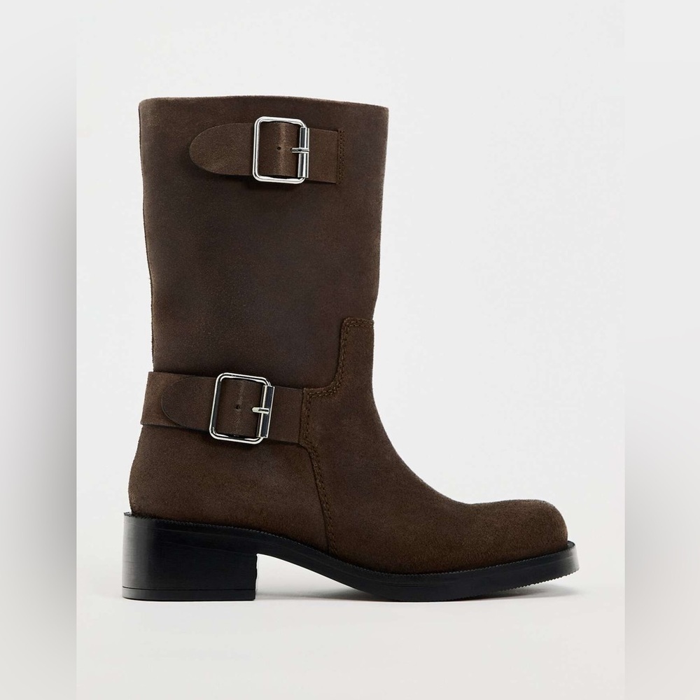 NWT. Zara Brown Suede Ankle Heeled Boots with Buckles. Size 10.